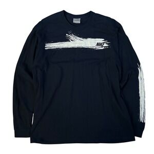 Nike Mens Long Sleeve Graphic T-Shirt Black White Brushstroke Swoosh Large L